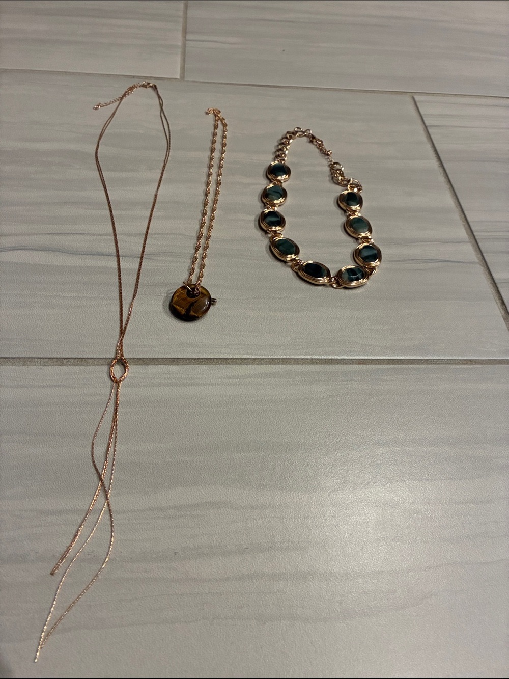 BUNDLE ASOS Rose Gold Lariat Necklace, Green Stone Link Necklace and Tan Pendant